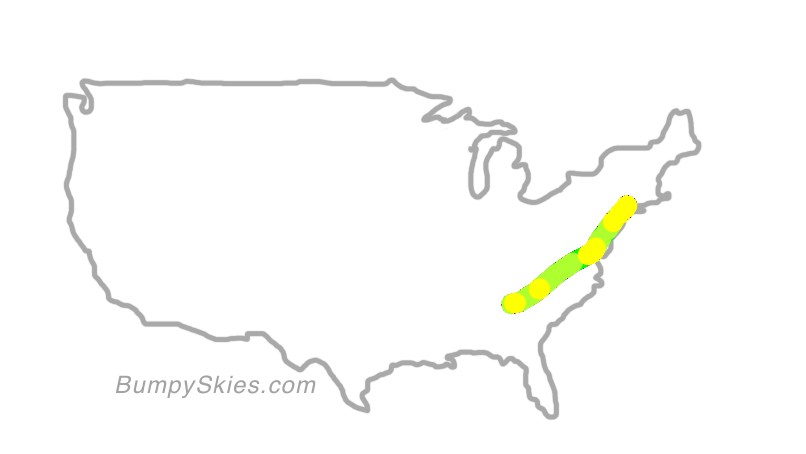Map of continental US with illustrated flight path and turbulence forecast (described in text below)