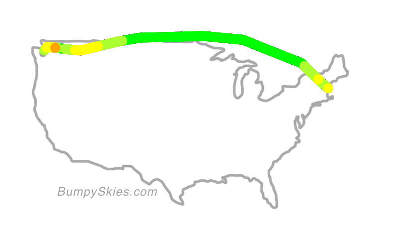 Map of continental US with illustrated flight path and turbulence forecast (described in text below)