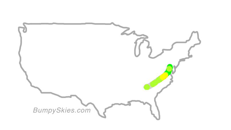 Map of continental US with illustrated flight path and turbulence forecast (described in text below)