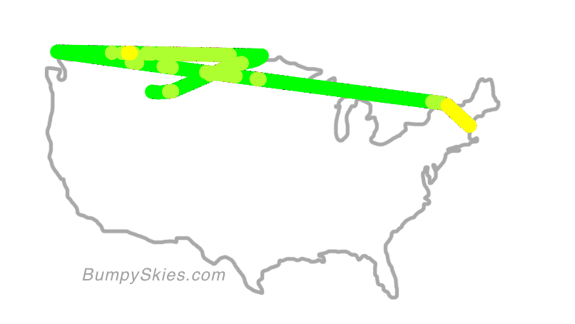 Map of continental US with illustrated flight path and turbulence forecast (described in text below)
