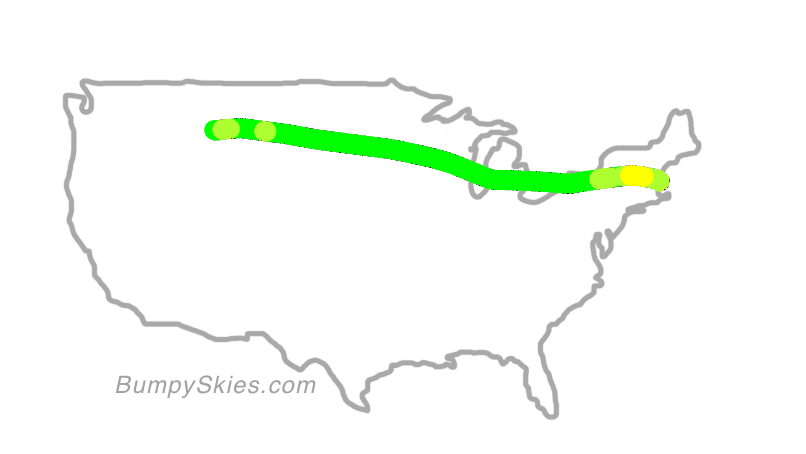 Map of continental US with illustrated flight path and turbulence forecast (described in text below)