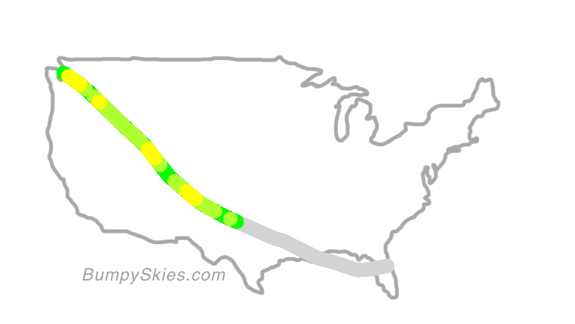 Map of continental US with illustrated flight path and turbulence forecast (described in text below)