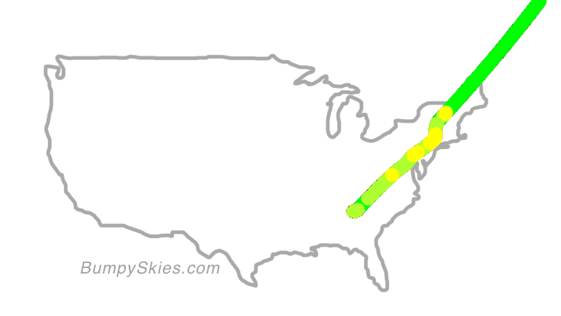 Map of continental US with illustrated flight path and turbulence forecast (described in text below)