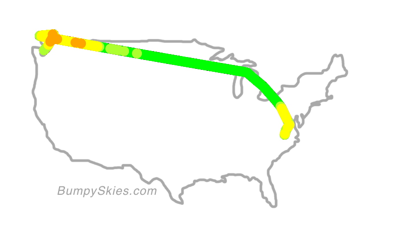 Map of continental US with illustrated flight path and turbulence forecast (described in text below)