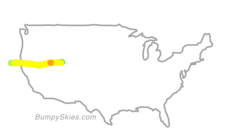 Map of continental US with illustrated flight path and turbulence forecast (described in text below)