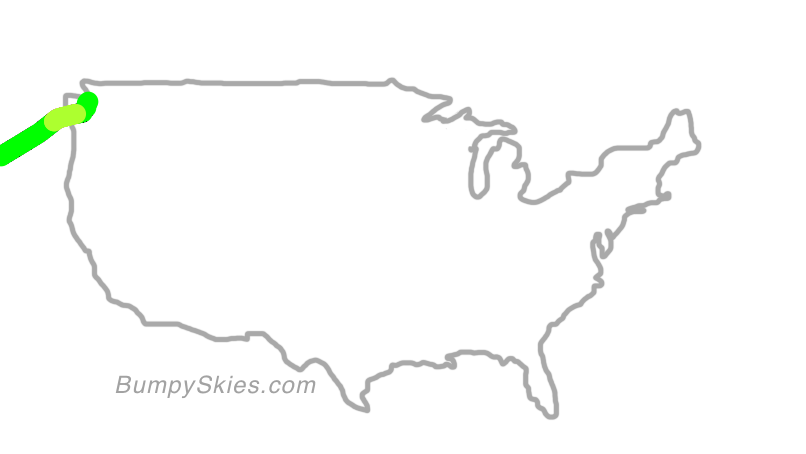 Map of continental US with illustrated flight path and turbulence forecast (described in text below)
