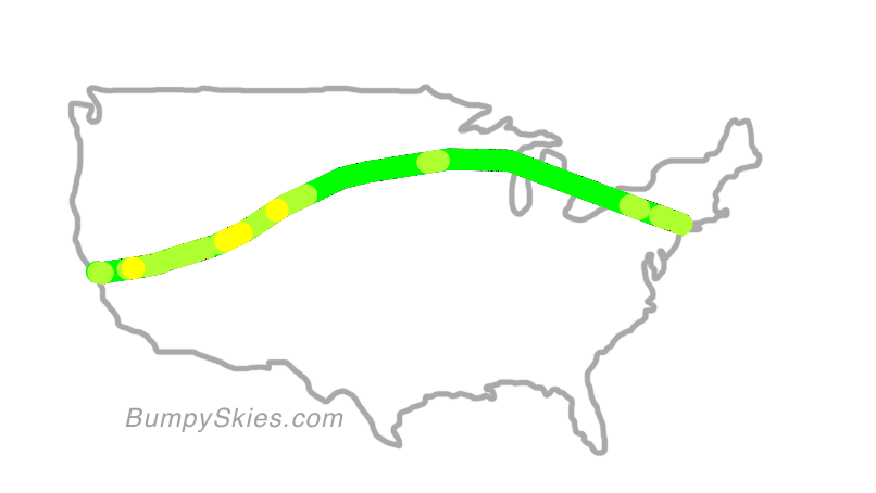 Map of continental US with illustrated flight path and turbulence forecast (described in text below)