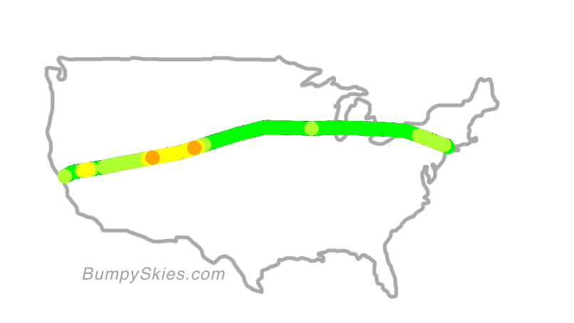 Map of continental US with illustrated flight path and turbulence forecast (described in text below)