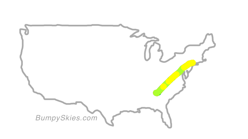 Map of continental US with illustrated flight path and turbulence forecast (described in text below)