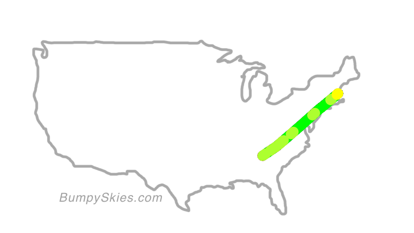 Map of continental US with illustrated flight path and turbulence forecast (described in text below)