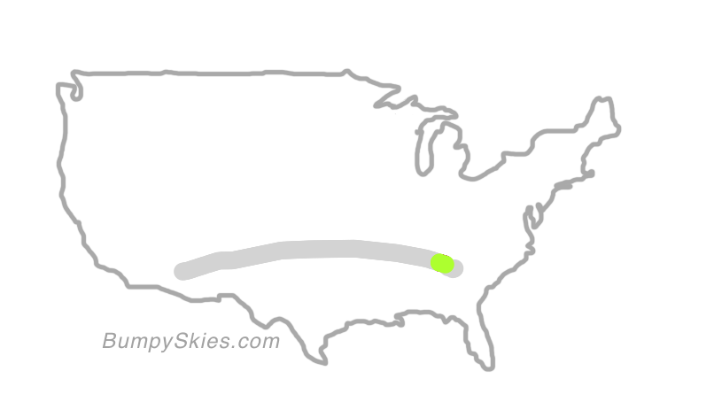 Map of continental US with illustrated flight path and turbulence forecast (described in text below)