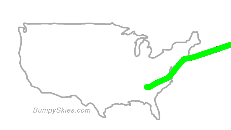 Map of continental US with illustrated flight path and turbulence forecast (described in text below)