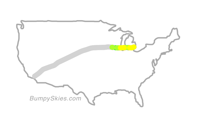 Map of continental US with illustrated flight path and turbulence forecast (described in text below)