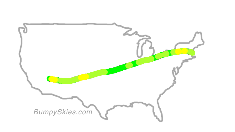 Map of continental US with illustrated flight path and turbulence forecast (described in text below)