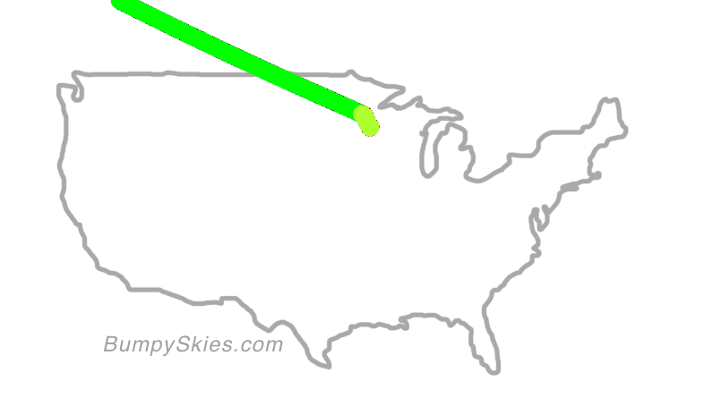 Map of continental US with illustrated flight path and turbulence forecast (described in text below)