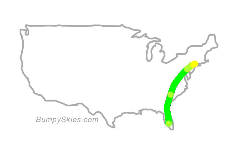Map of continental US with illustrated flight path and turbulence forecast (described in text below)