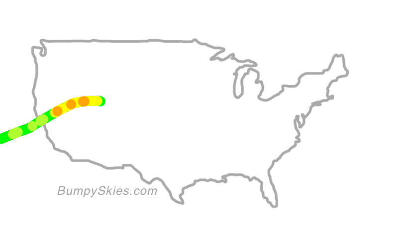 Map of continental US with illustrated flight path and turbulence forecast (described in text below)