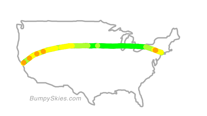 Map of continental US with illustrated flight path and turbulence forecast (described in text below)