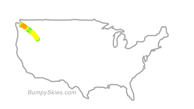 Map of continental US with illustrated flight path and turbulence forecast (described in text below)