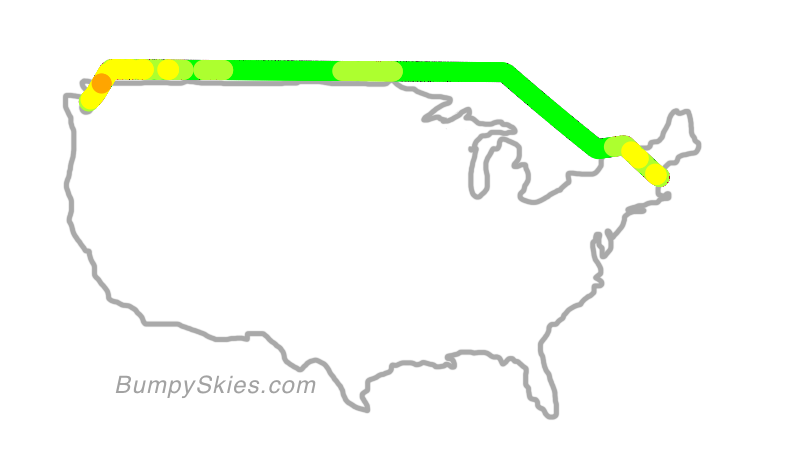 Map of continental US with illustrated flight path and turbulence forecast (described in text below)