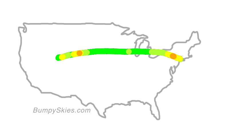 Map of continental US with illustrated flight path and turbulence forecast (described in text below)