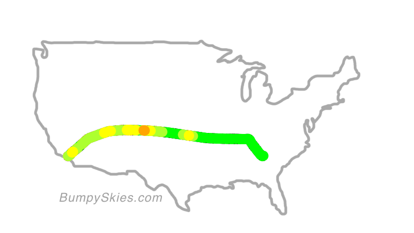 Map of continental US with illustrated flight path and turbulence forecast (described in text below)