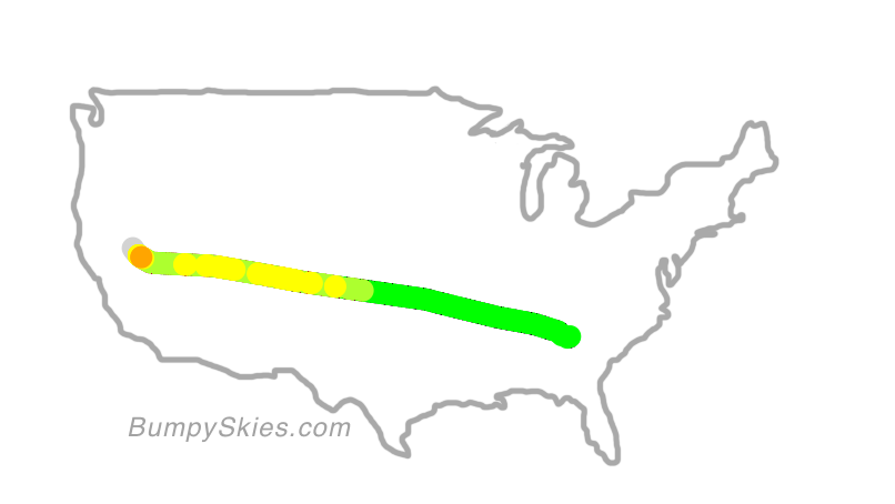 Map of continental US with illustrated flight path and turbulence forecast (described in text below)