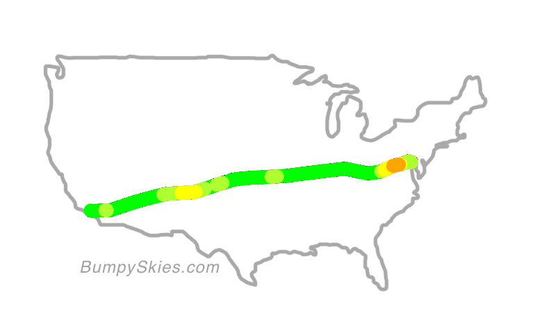 Map of continental US with illustrated flight path and turbulence forecast (described in text below)