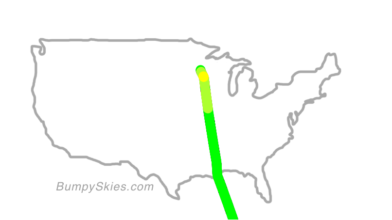 Map of continental US with illustrated flight path and turbulence forecast (described in text below)