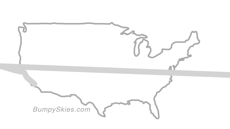 Map of continental US with illustrated flight path and turbulence forecast (described in text below)