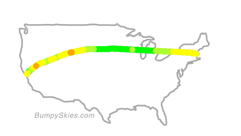 Map of continental US with illustrated flight path and turbulence forecast (described in text below)
