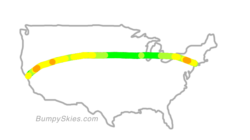 Map of continental US with illustrated flight path and turbulence forecast (described in text below)