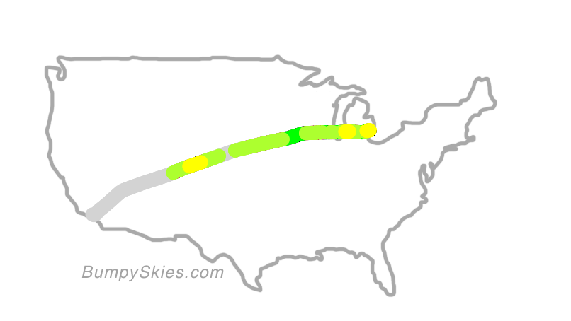 Map of continental US with illustrated flight path and turbulence forecast (described in text below)