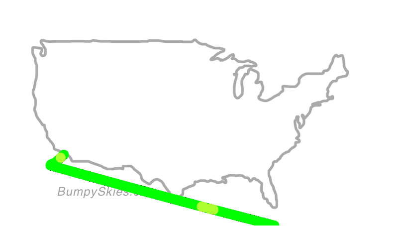 Map of continental US with illustrated flight path and turbulence forecast (described in text below)