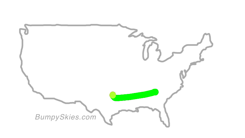 Map of continental US with illustrated flight path and turbulence forecast (described in text below)
