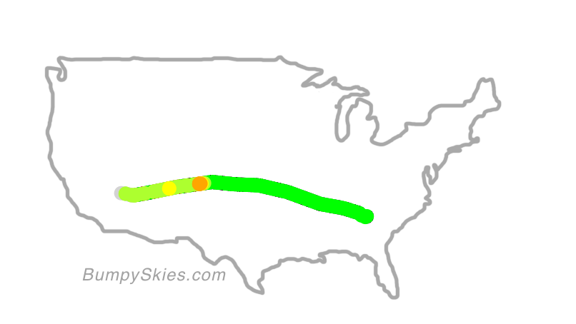 Map of continental US with illustrated flight path and turbulence forecast (described in text below)