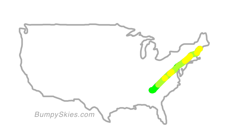 Map of continental US with illustrated flight path and turbulence forecast (described in text below)