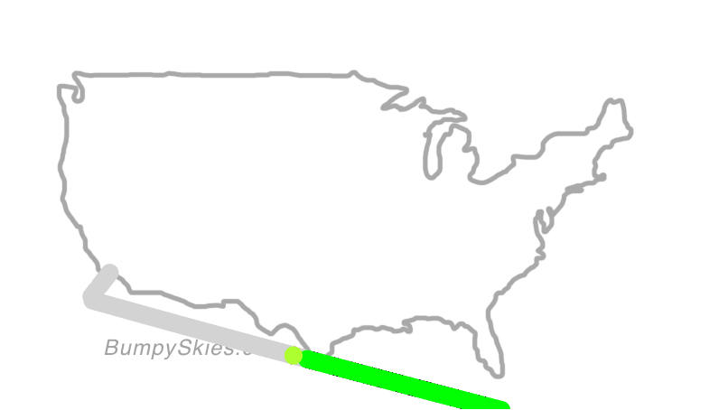 Map of continental US with illustrated flight path and turbulence forecast (described in text below)