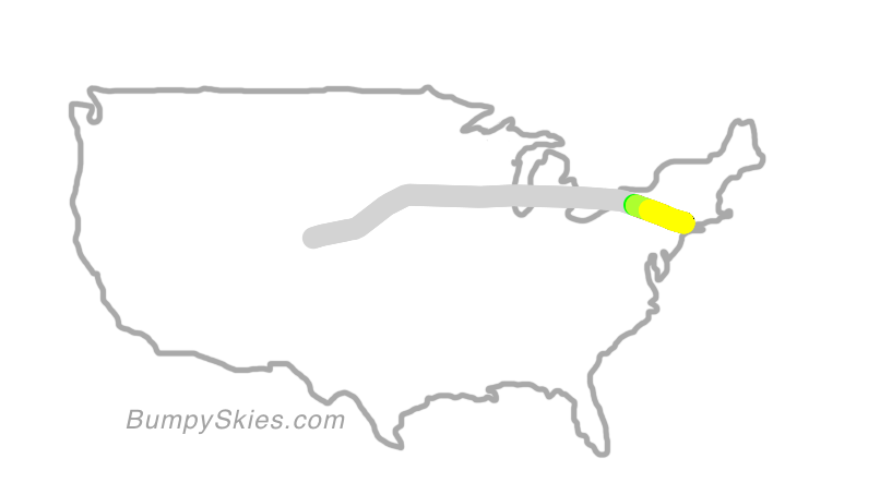 Map of continental US with illustrated flight path and turbulence forecast (described in text below)