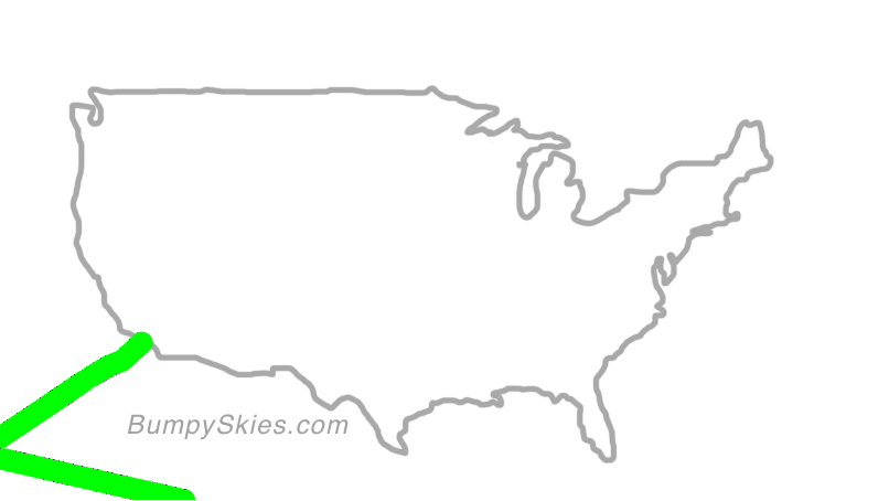 Map of continental US with illustrated flight path and turbulence forecast (described in text below)