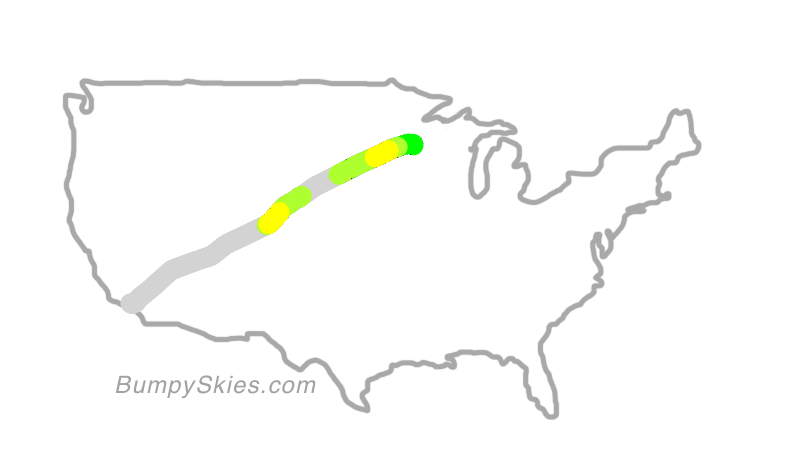 Map of continental US with illustrated flight path and turbulence forecast (described in text below)