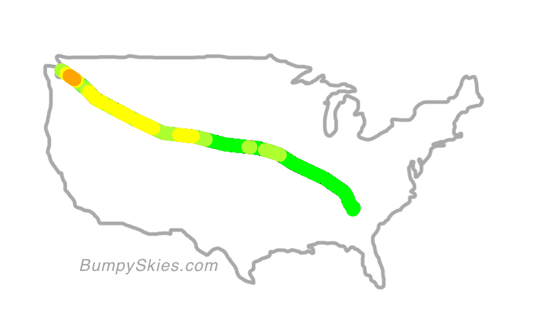 Map of continental US with illustrated flight path and turbulence forecast (described in text below)