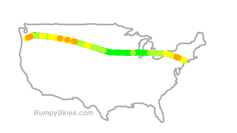 Map of continental US with illustrated flight path and turbulence forecast (described in text below)
