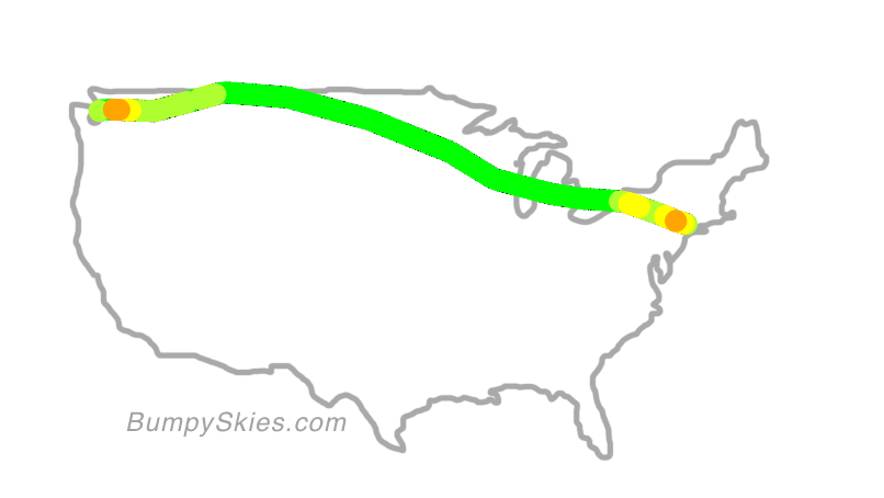 Map of continental US with illustrated flight path and turbulence forecast (described in text below)