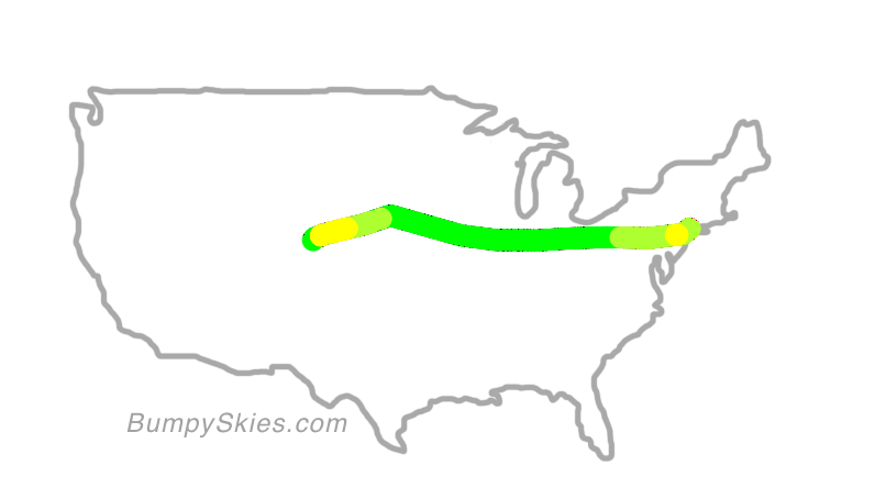 Map of continental US with illustrated flight path and turbulence forecast (described in text below)