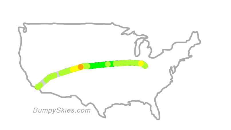 Map of continental US with illustrated flight path and turbulence forecast (described in text below)