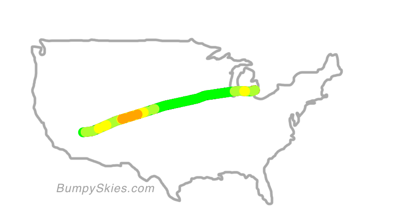 Map of continental US with illustrated flight path and turbulence forecast (described in text below)
