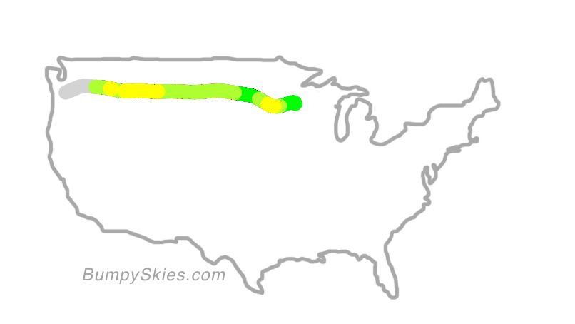 Map of continental US with illustrated flight path and turbulence forecast (described in text below)