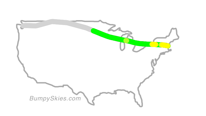 Map of continental US with illustrated flight path and turbulence forecast (described in text below)