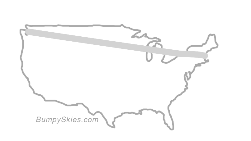 Map of continental US with illustrated flight path and turbulence forecast (described in text below)